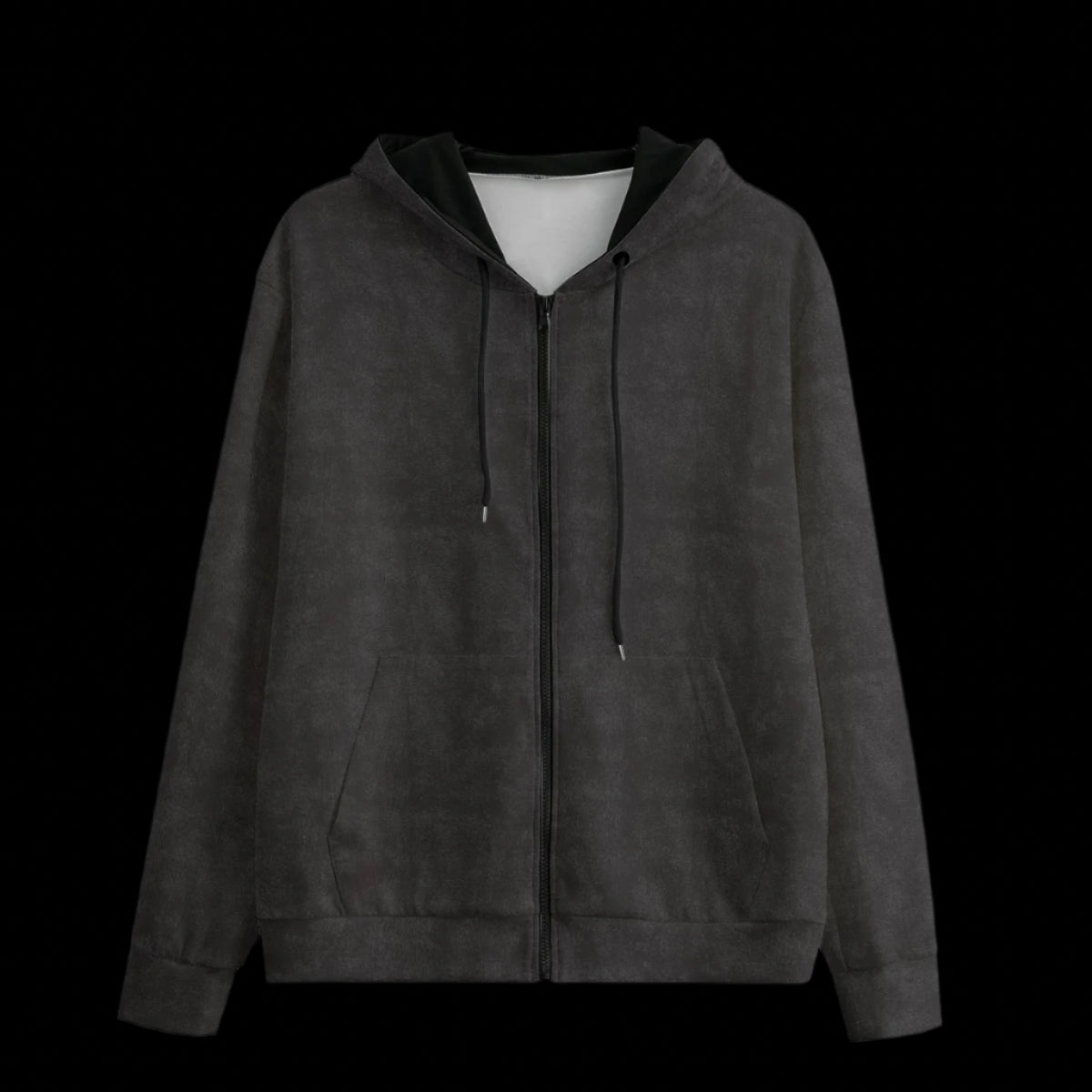 Front of a black and grey zipper hoodie on a black background