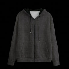Front of a black and grey zipper hoodie on a black background