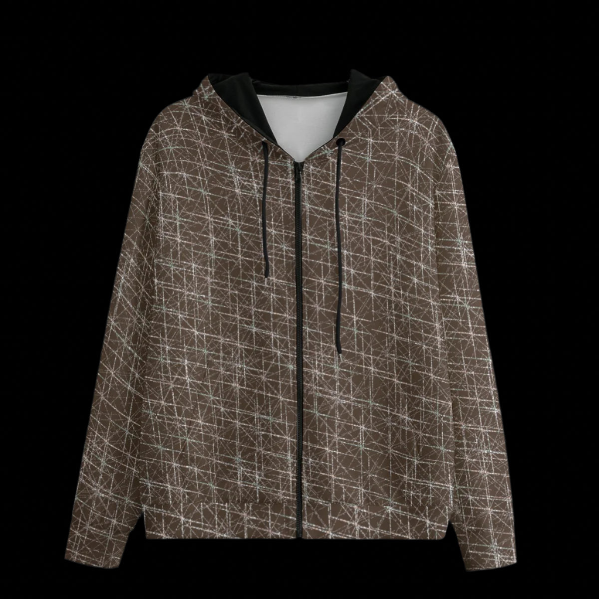 Front of hoodie with a geometric pattern on a black background