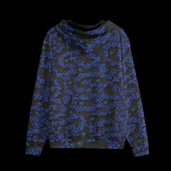 Back of Hoodie with blue and black abstract pattern on a black background