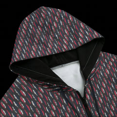 Front top of a multicolored pattern hoodie on a black background