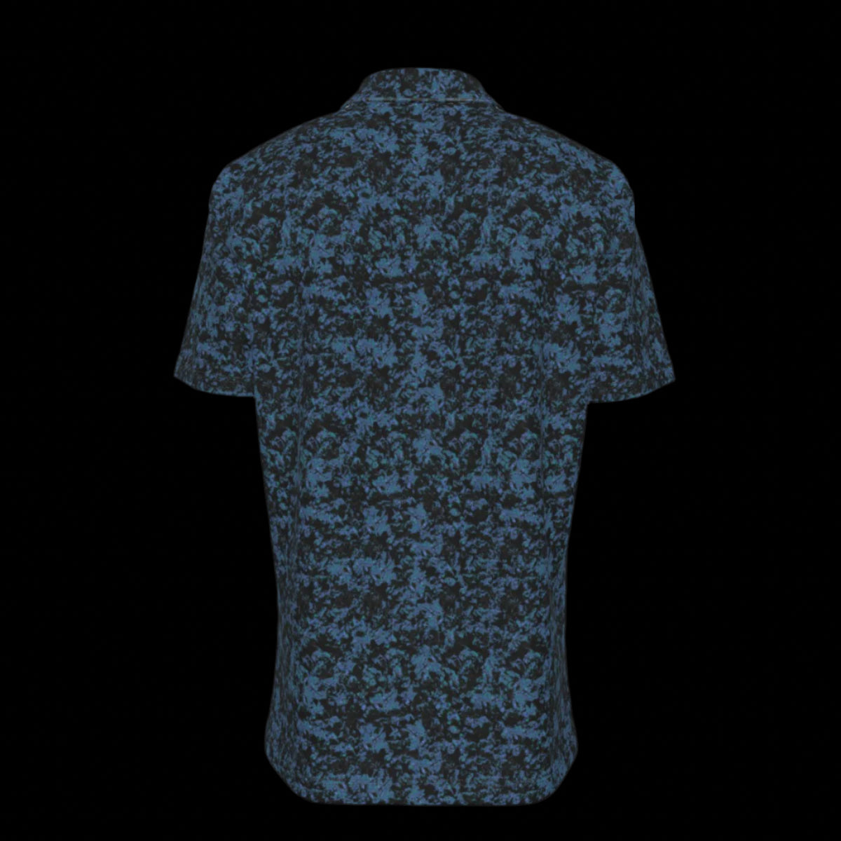 Back of a blue and black patterned button down short-sleeved shirt on a black background
