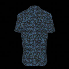 Back of a blue and black patterned button down short-sleeved shirt on a black background
