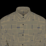 Top front of green patterned long sleeve shirt on a black background