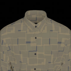 Top front of green patterned long sleeve shirt on a black background