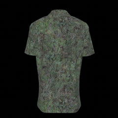 Back of green camouflage patterned shirt on a black background