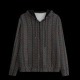 Front of patterned hoodie on a black background