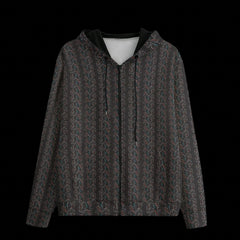 Front of patterned hoodie on a black background