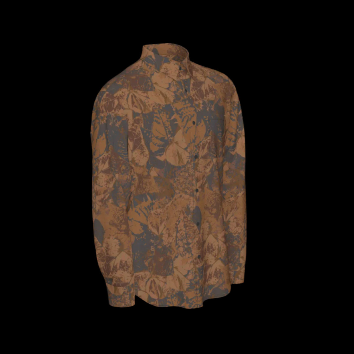 Right side of a brown floral patterned long sleeve shirt on a black background