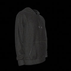 Right side of men's pullover hoodie with a hood and front pocket, made of black scuba fabric on a black background.