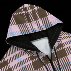 Top front of plaid patterned hoodie on a black background