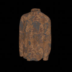 Right side of a brown floral patterned long sleeve shirt on a black background