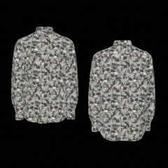 Front and back of floral patterned long sleeve shirt on a black background