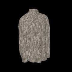 Right side of a textured long sleeve shirt on a black background