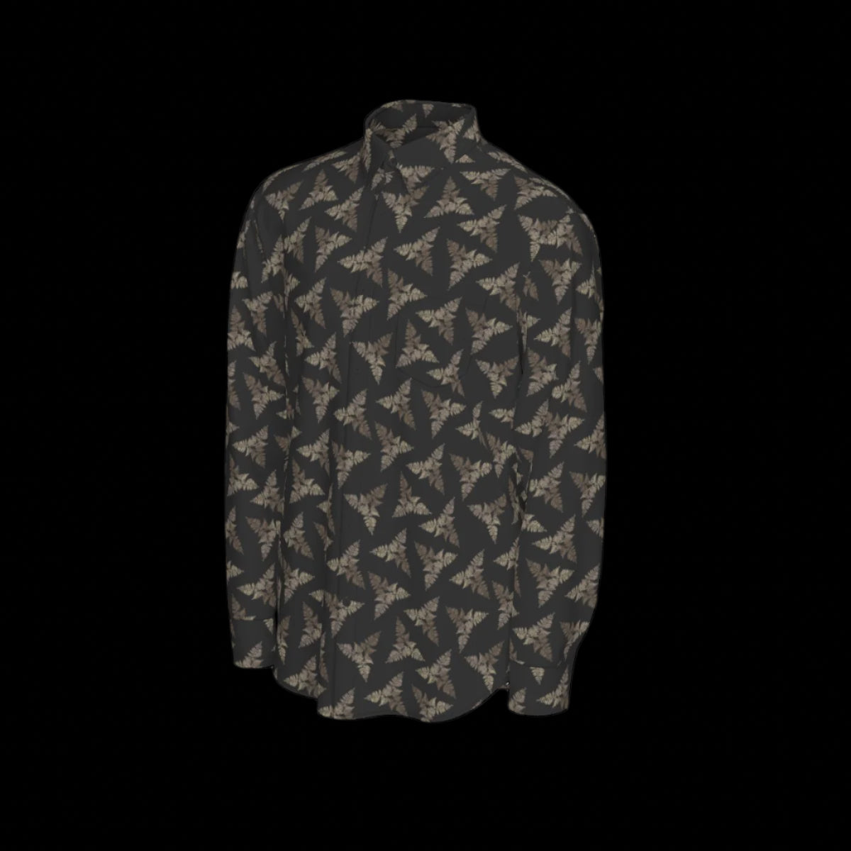 Left side of a patterned long sleeve shirt on a black background