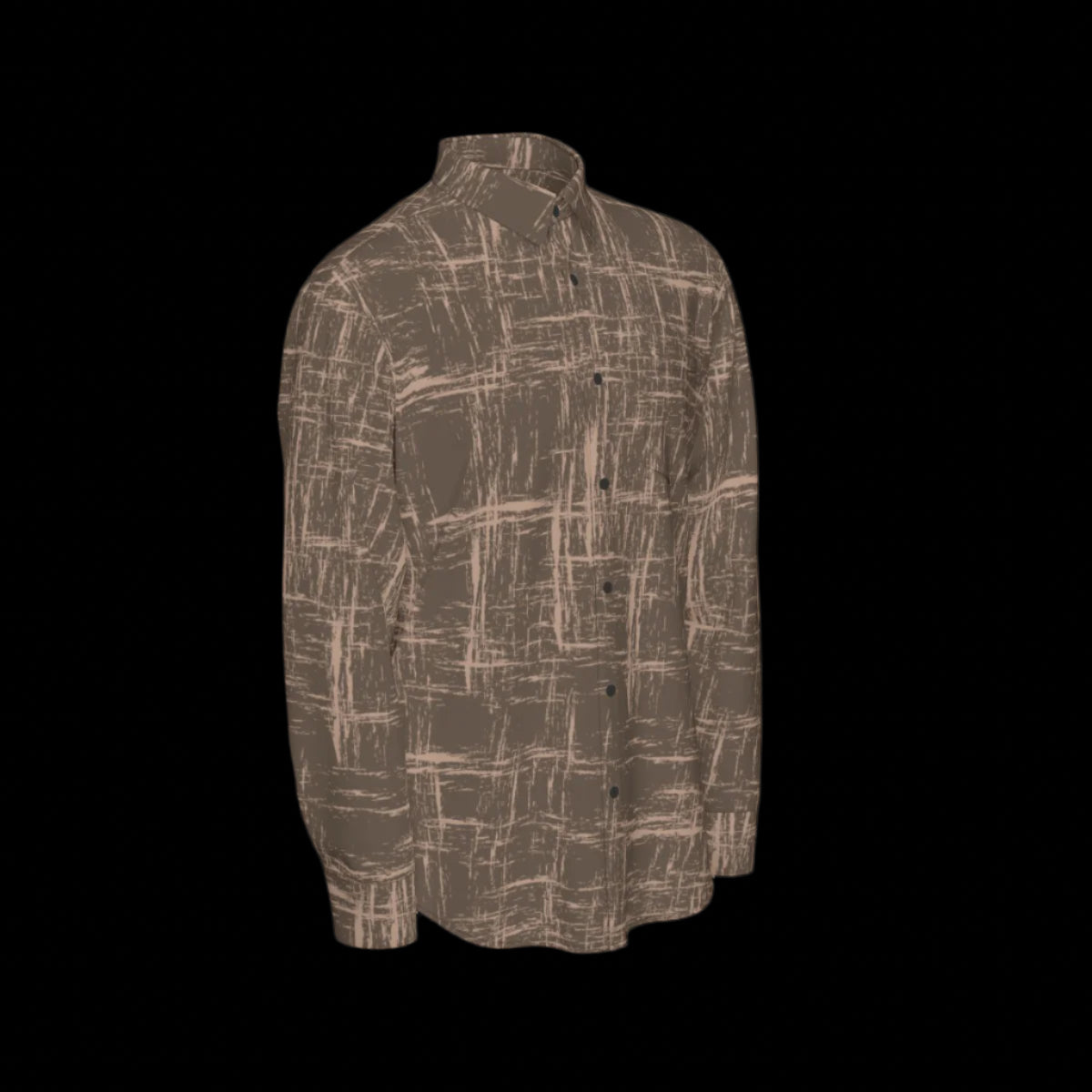 Right side of brown patterned shirt shown from front and back on a black background