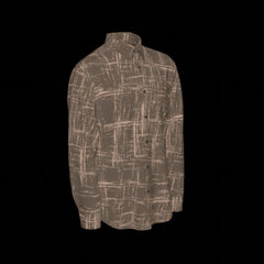 Right side of brown patterned shirt shown from front and back on a black background