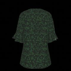 Back of green patterned blouse on a black background