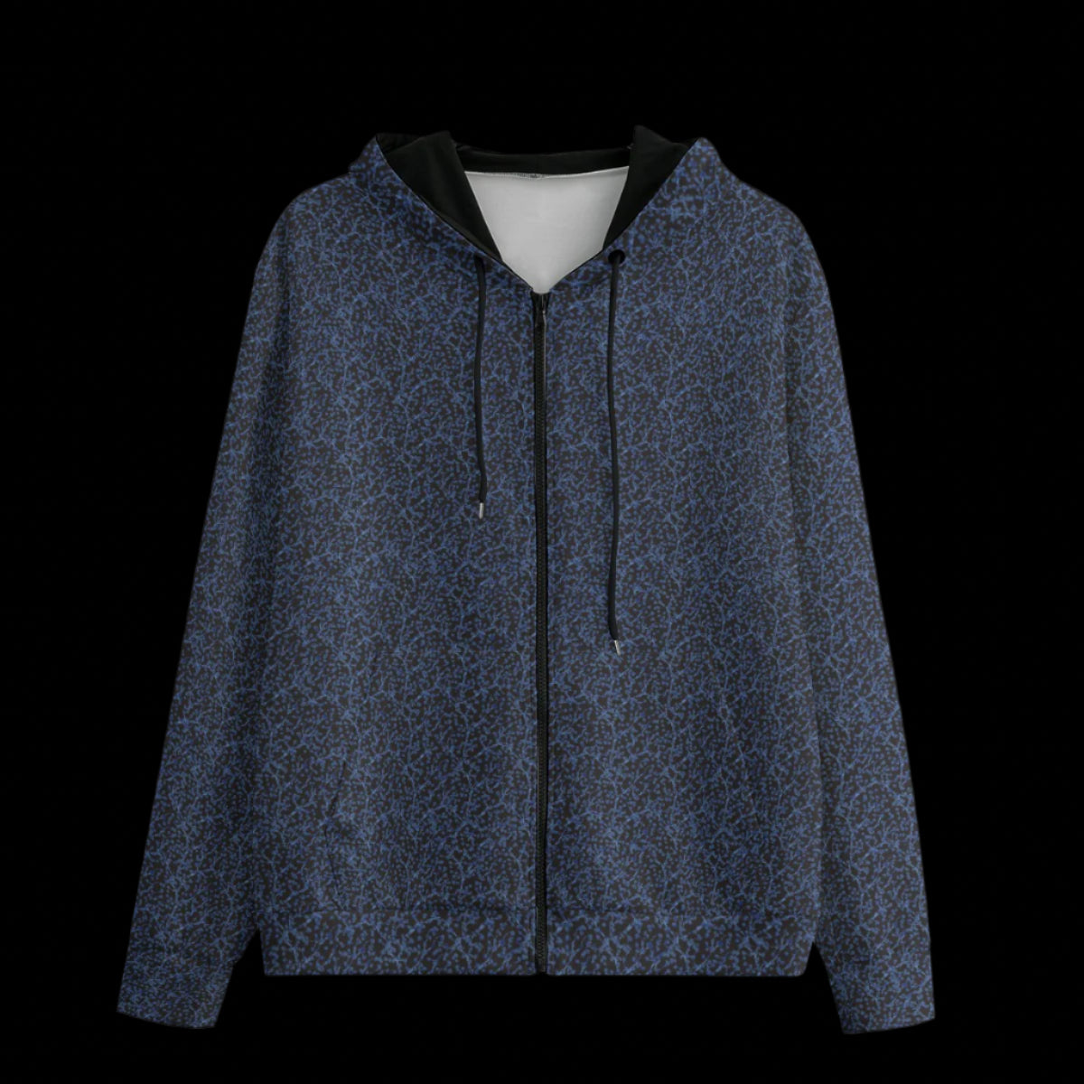 Front of a black zipper hoodie with a blue and gray design on a black background