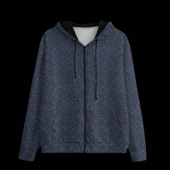 Front of a black zipper hoodie with a blue and gray design on a black background