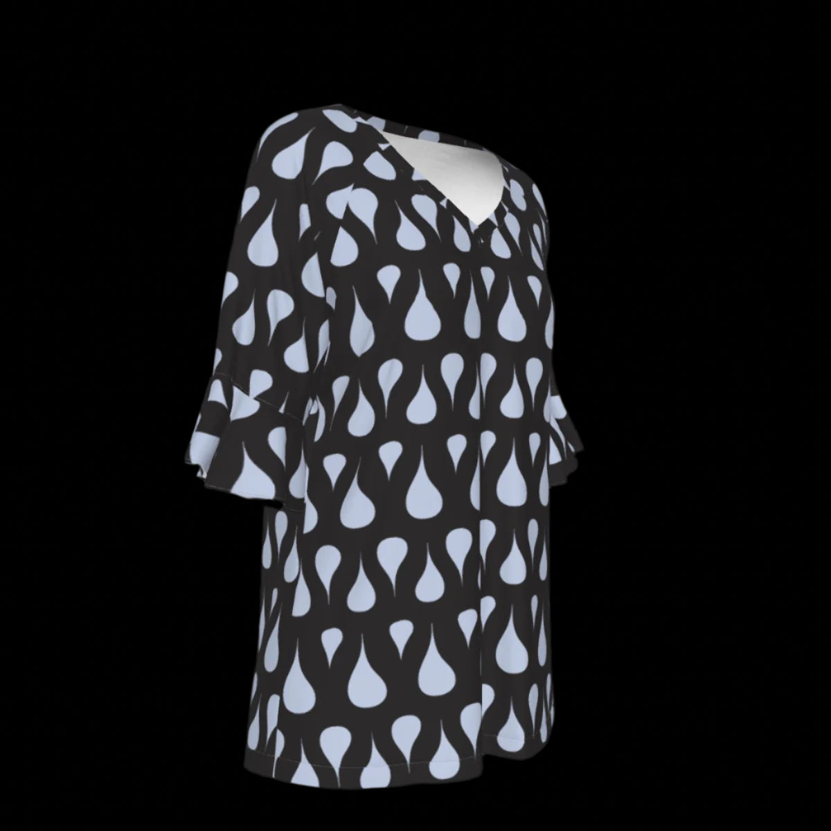 Right of green leaf patterned blouse on a black background