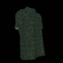 Right side of a green camouflage patterned button down short sleeve shirt on a black background