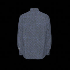 Back of a green plaid long sleeve shirt on a black background