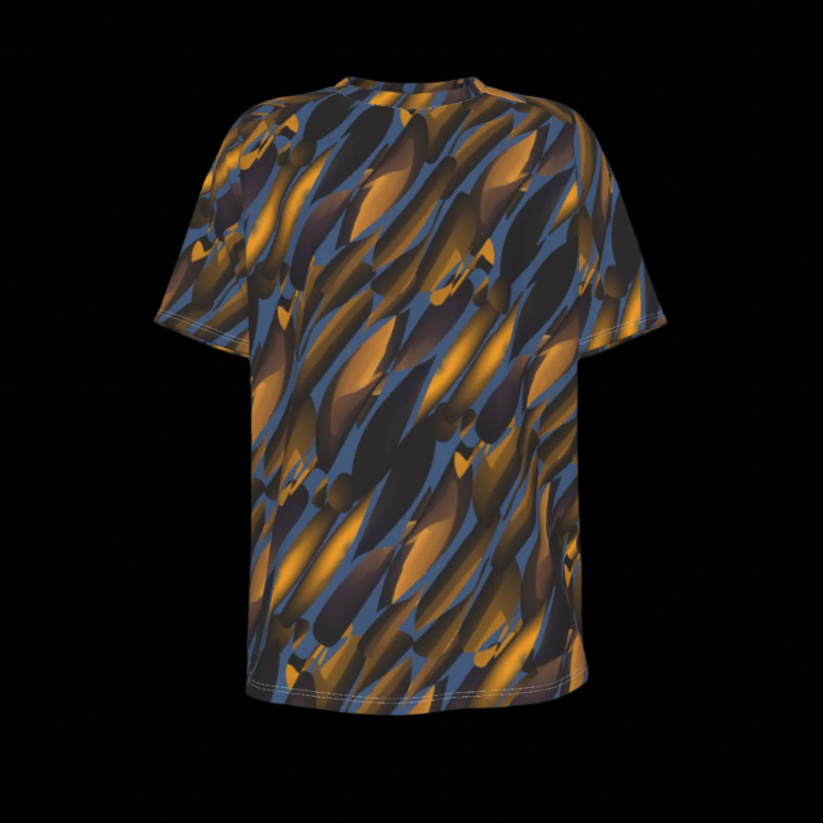 Front of T-shirt with black and orange abstract pattern on a black background 