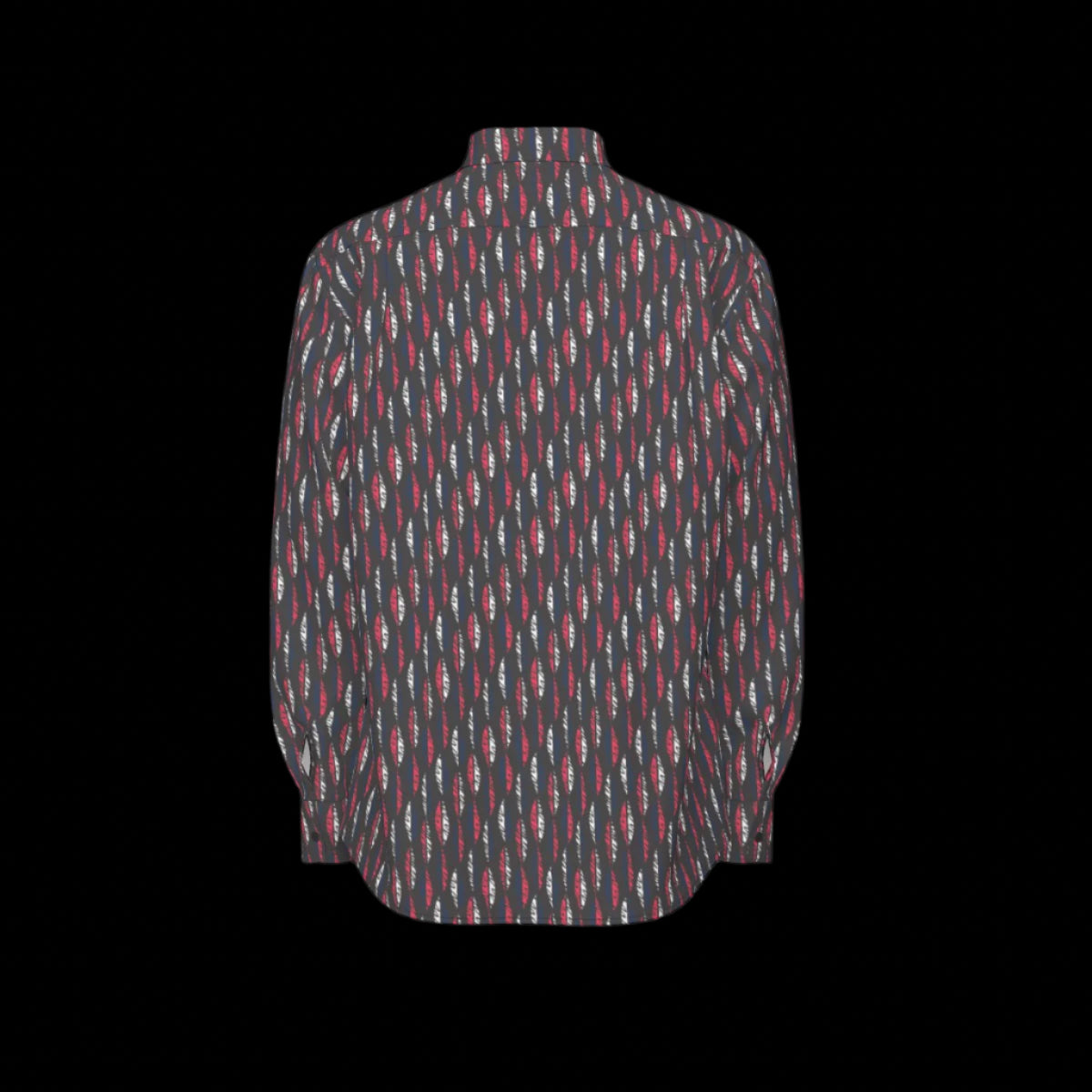 Back of a patterned long sleeve shirt on a black background