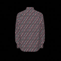 Back of a patterned long sleeve shirt on a black background