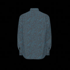 Back of blue patterned shirt on a black background