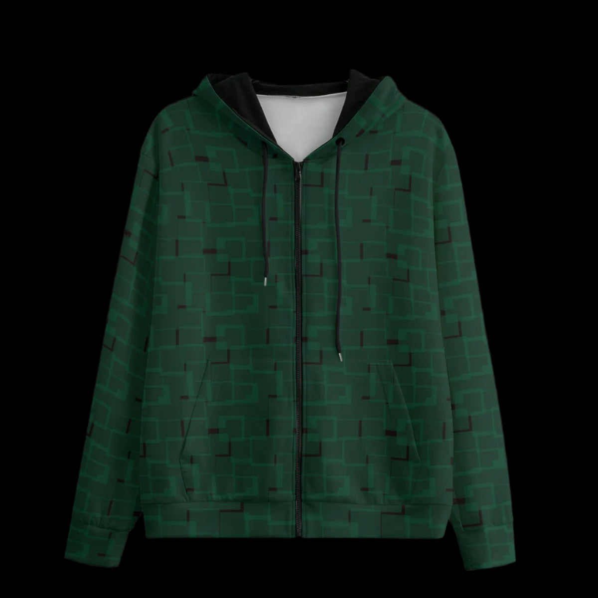 Front of green patterned hoodie on a black background