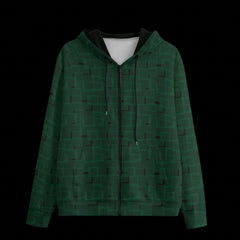 Front of green patterned hoodie on a black background