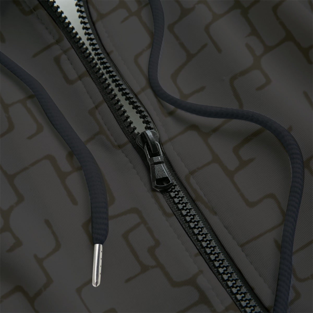 Front detailof a black patterned hoodie