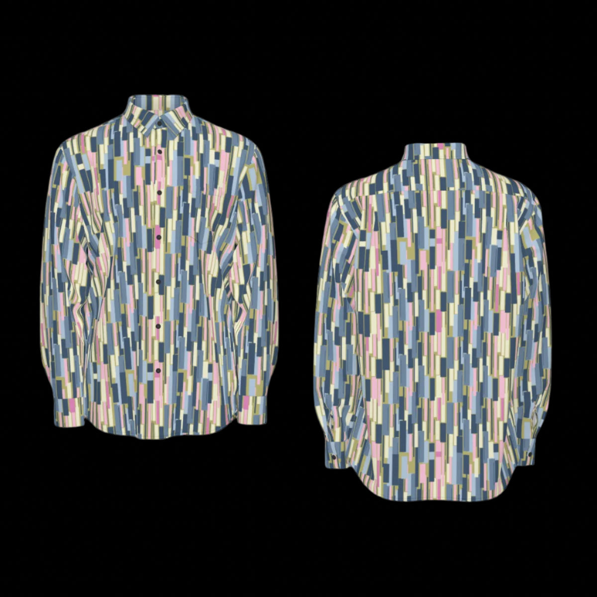 Front and back of long-sleeve shirt with geometric pattern on a black background