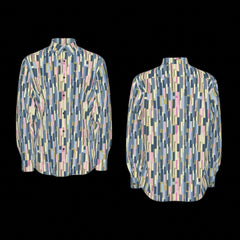 Front and back of long-sleeve shirt with geometric pattern on a black background