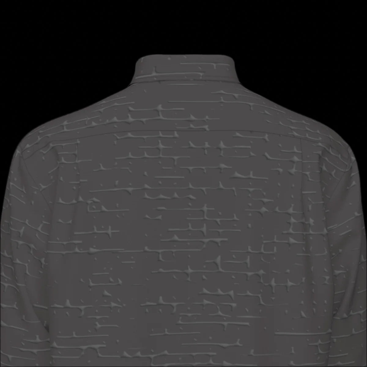 Top back of a dark gray patterned long sleeve shirt on a black background