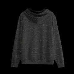Back of a black zipper hoodie on a black background