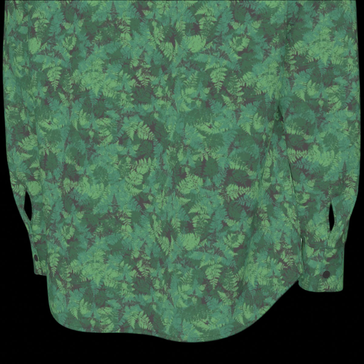 Bottom back of green camouflage shirt on a black background