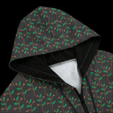 Front top of hoodie with a dark leaf pattern on a black background