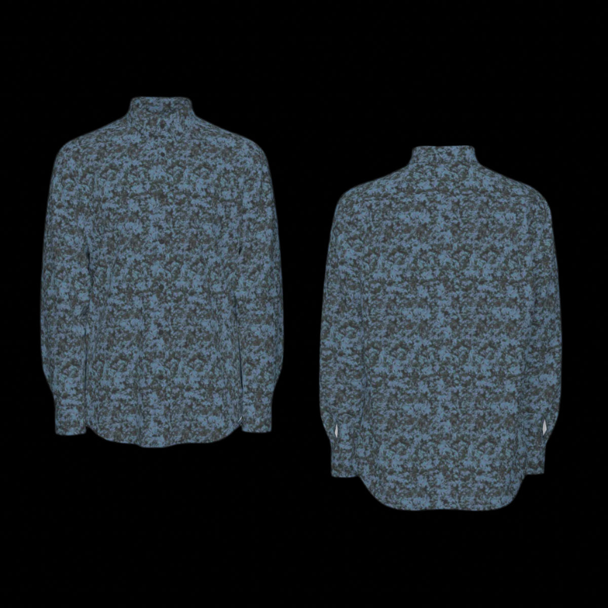 Front and back of a blue camouflage long sleeve shirt on a black background