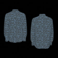 Front and back of a blue camouflage long sleeve shirt on a black background