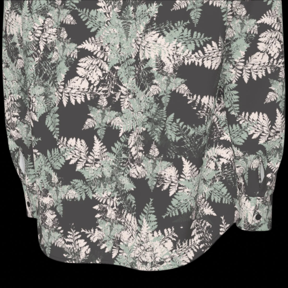 Bottom Back of floral patterned shirt on a black background