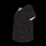 Left side of black V-Neck t-shirt with green geometric pattern on a black background