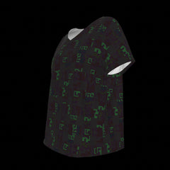 Left side of black V-Neck t-shirt with green geometric pattern on a black background