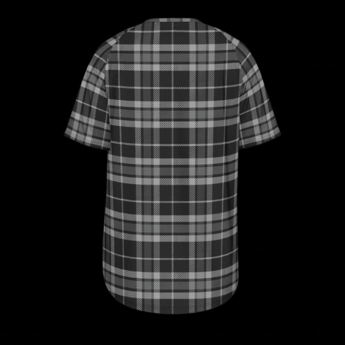 Back of black and white plaid T-shirt on a black background