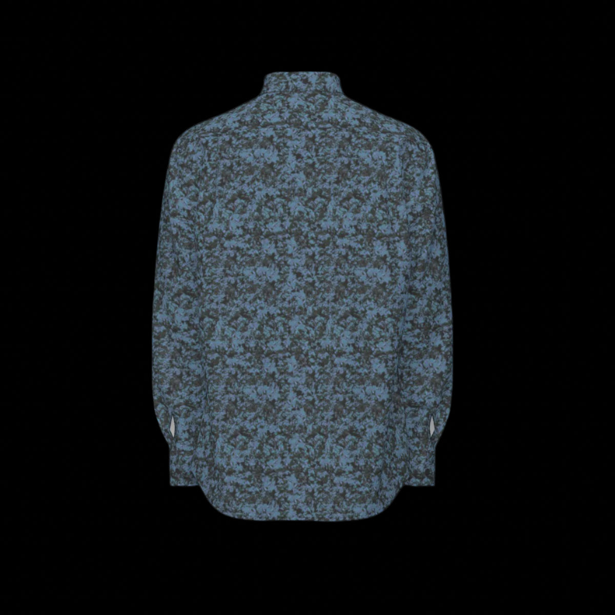 Back of a blue camouflage long sleeve shirt on a black background