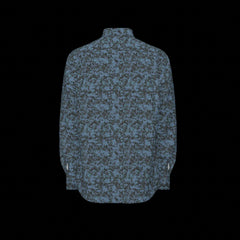 Back of a blue camouflage long sleeve shirt on a black background