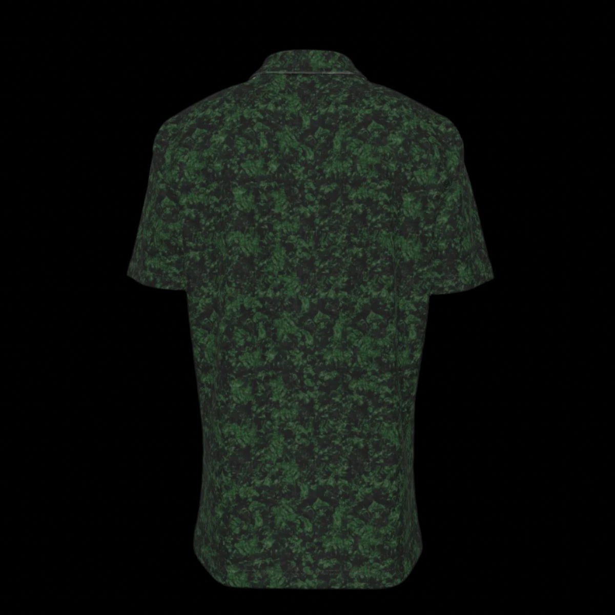Back of a green camouflage patterned button down short sleeve shirt on a black background