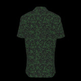 Back of a green camouflage patterned button down short sleeve shirt on a black background